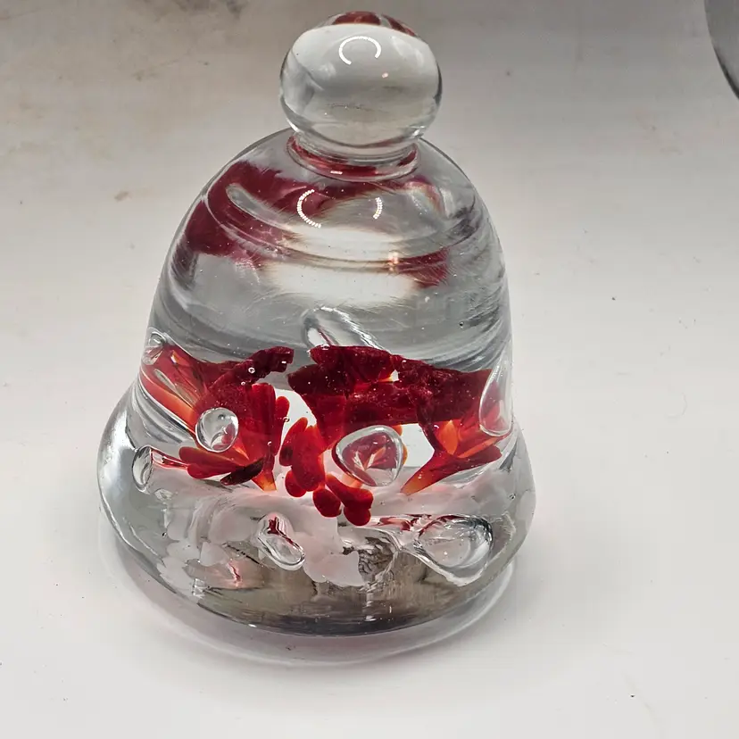 Kent Helms glass Paperweight vintage bell with red white flowers Signed
