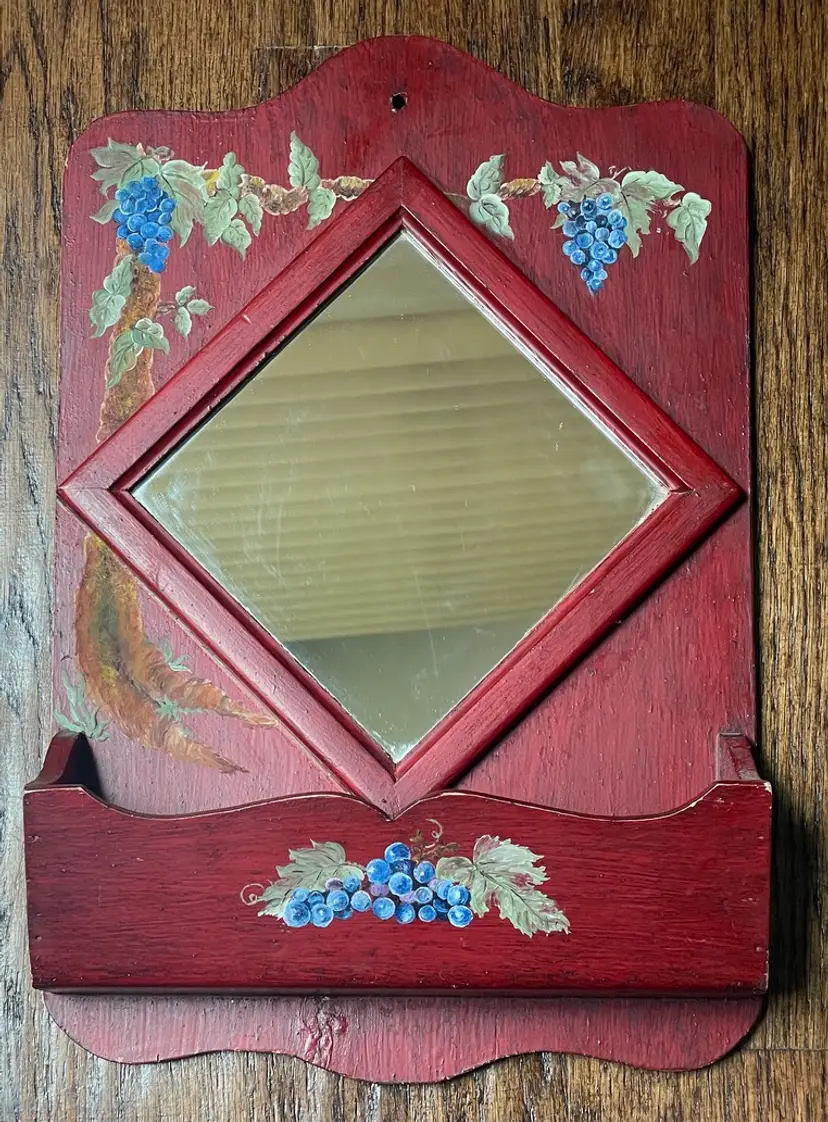 Cottage Core Hand Painted Grapes Wooden Wall Letter Organizer with Diamond Shaped Mirror