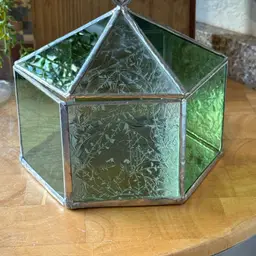 Vintage Stained Glass Hexagon Trinket Box | Green Glass Jewelry Box | Handcrafted Glass Keepsake