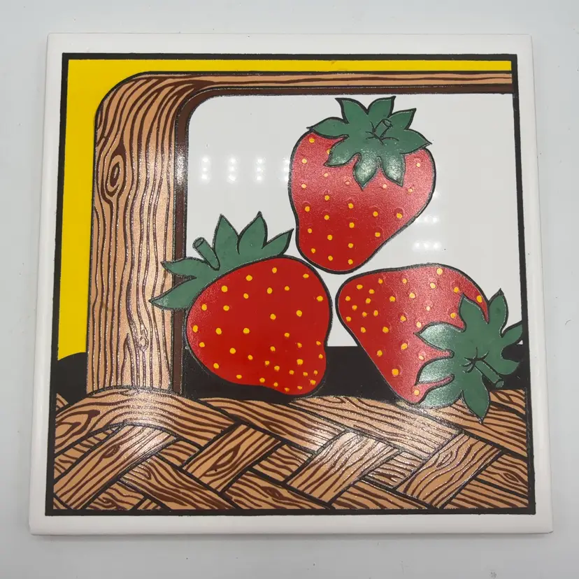 Strawberries In A Basket 80’s Tile Trivet Wall Hanging