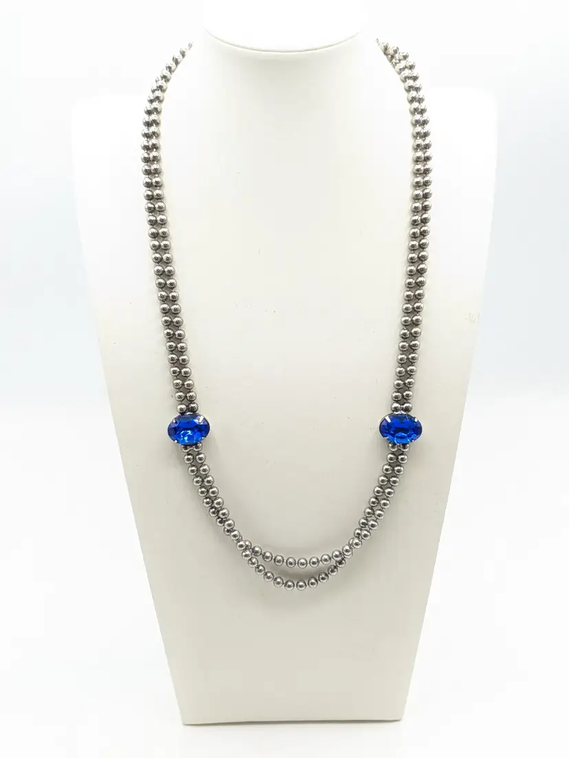 Vintage Silver Tone Double Strand Bead Necklace with Blue Glass Cabochons