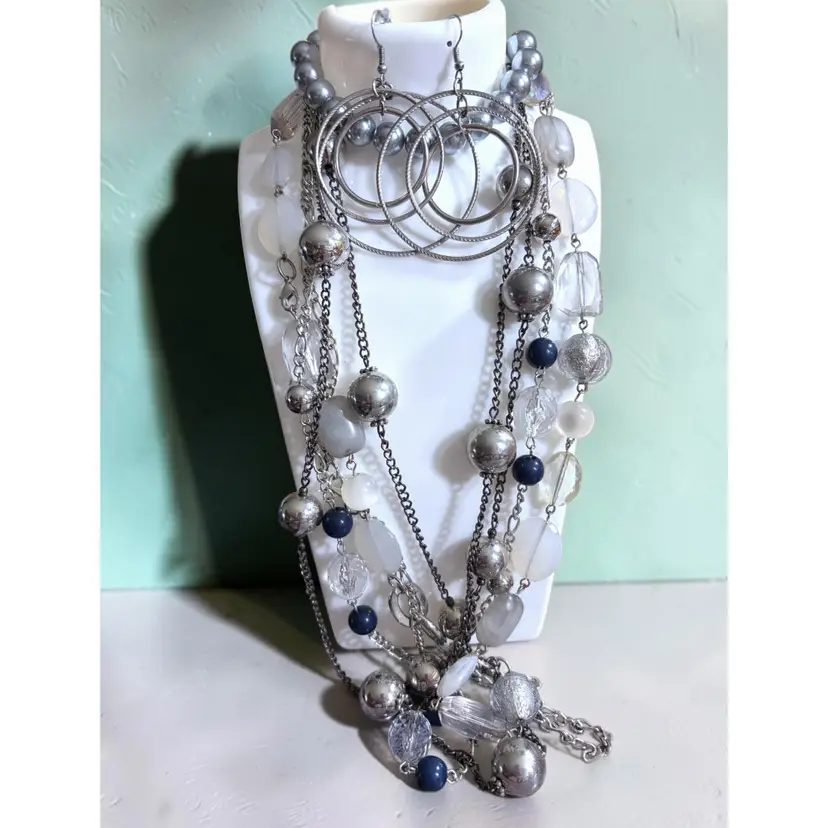 5 Piece Silver Tone Lot - 1 Pierced Earrings - 1 Stretch Bracelet- 3 Necklaces