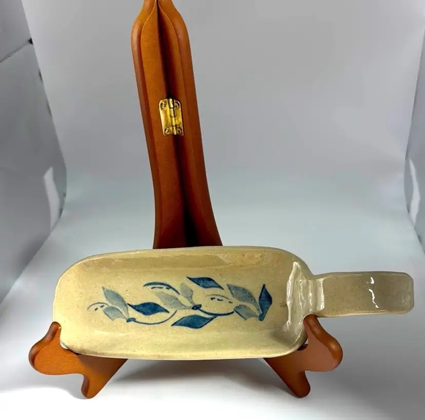 Pottery Spoon Rest With Blue Leaf