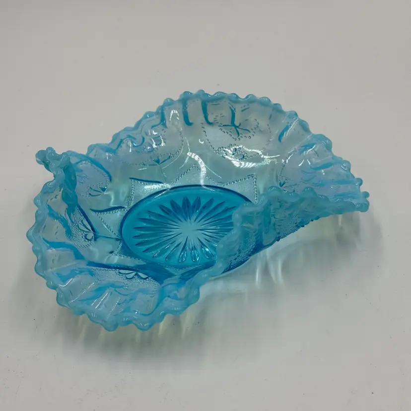 Blue Opalescent Glass Ruffled Vintage Bowl Scalloped Edge Candy Trinket Dish