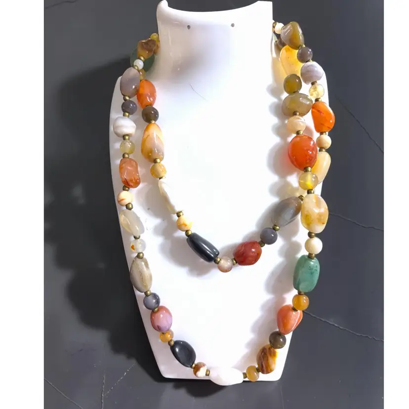 34” Variety Agate Necklace - Carnelian - Aventurine - & Mixed Chalcedony  - Barrel Clasp