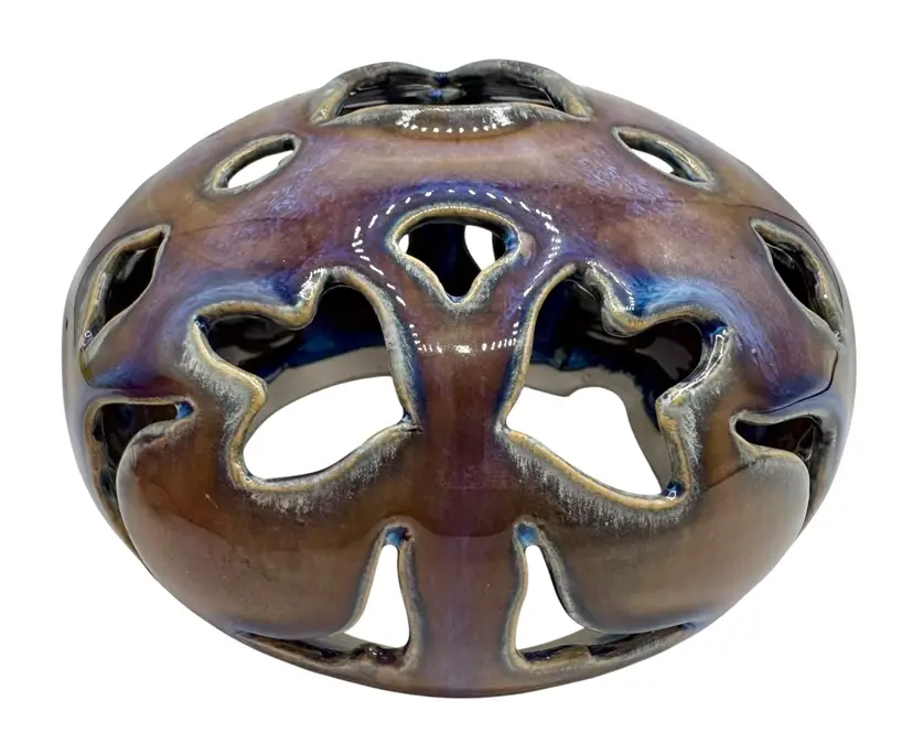 Art Pottery Ceramic Luminary Candle Holder Drip Glaze Purple Blue Cutout Floral