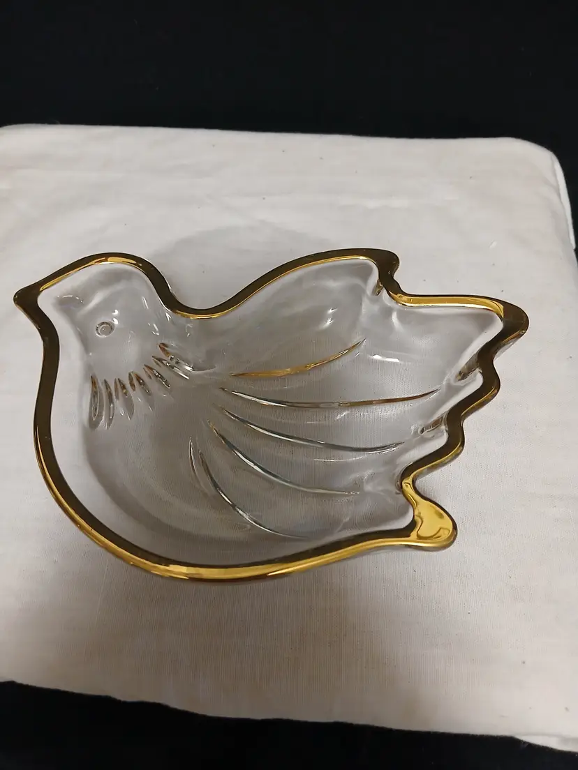 Vintage Glass Dove Dish with Gold Trim