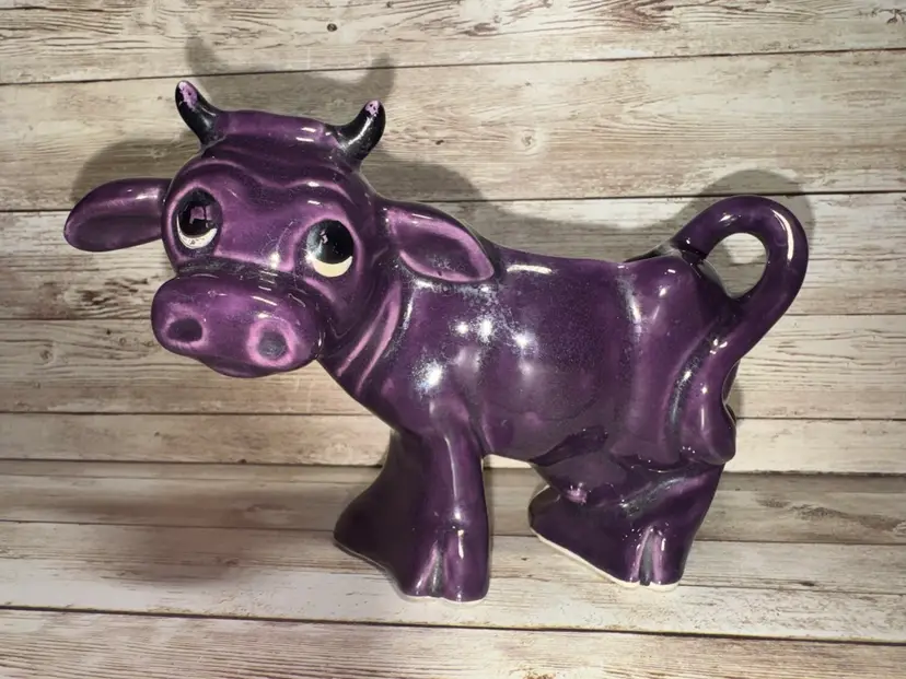 Purple Cow Bull Vintage Planter Porcelain Plant Pot Gardening Decor