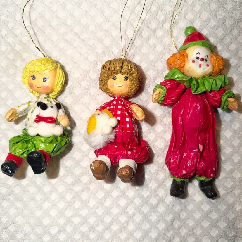 Vintage Paper Mache Christmas Ornaments Lot  Of 3 Taiwan Clown Dolls