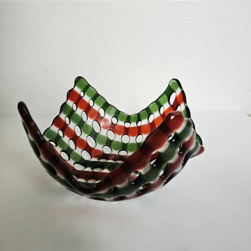 Fused Art Glass Handkerchief Red Green Lattice Pattern