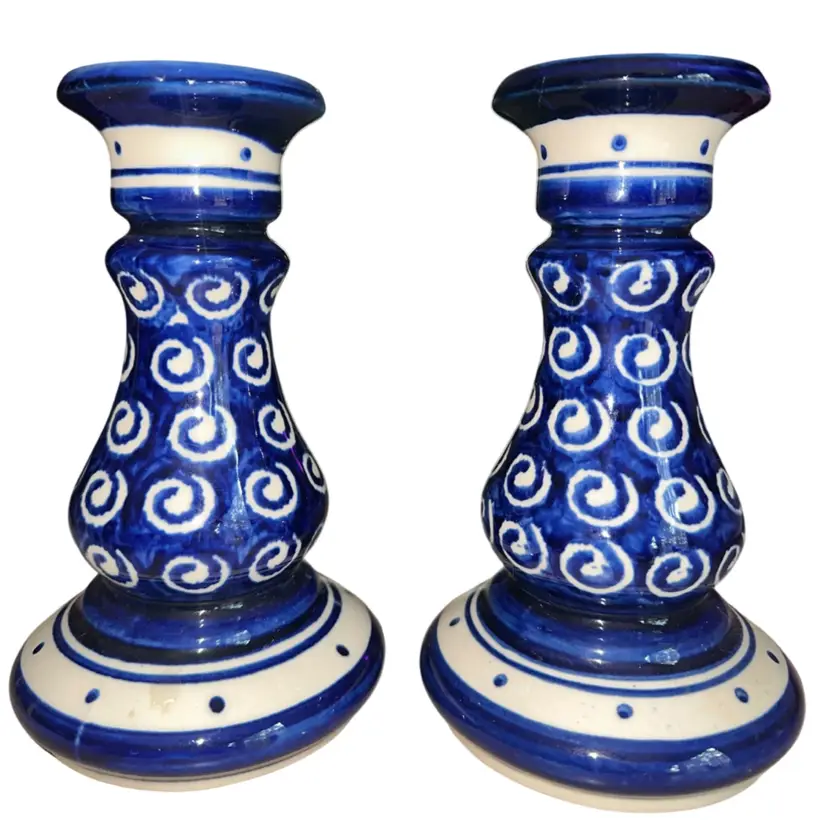 Vintage Pair Polish Pottery Boleslawiec Candlestick Holders Blue Swirl & Polka Dot Handmade Poland