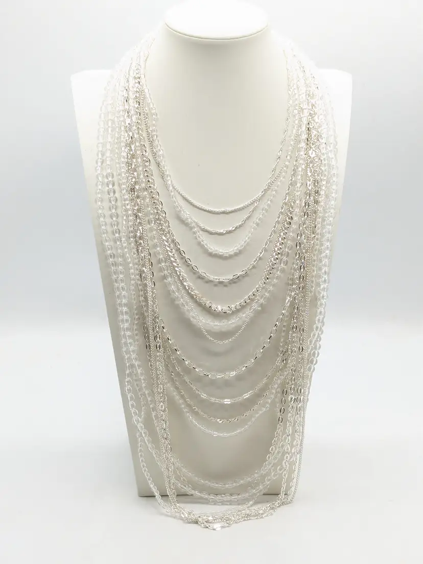 Sequin Layered Silver Tone Chain and Clear Beaded Necklace NWOT