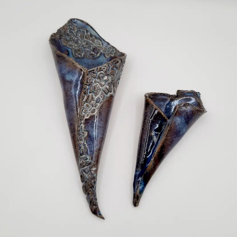 Art Pottery Wall Pocket Vases Blue Brown Embossed Flowers Set of 2 Signed