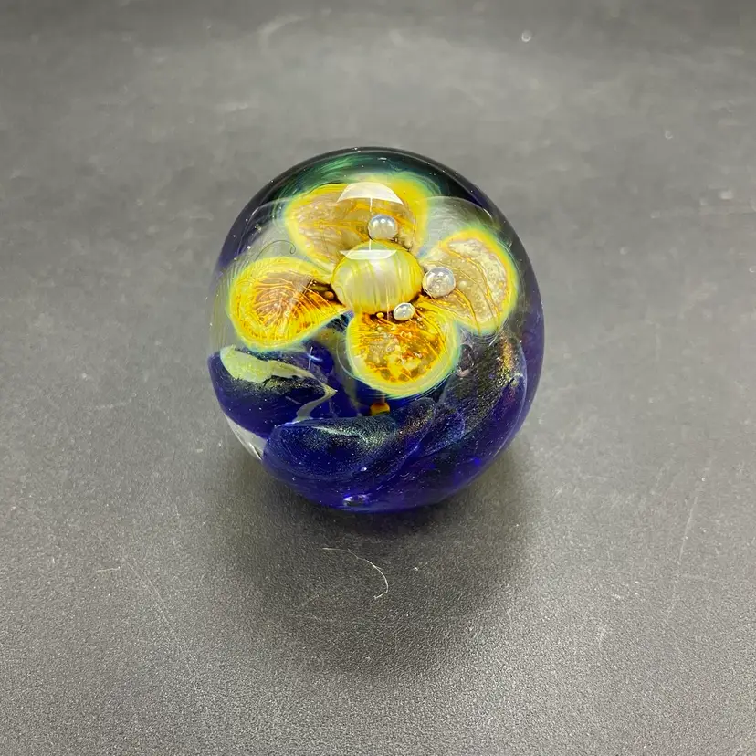 Luttrell Studios Paperweight Yellow Flower Blue Swirls Gold Aventurine VTG