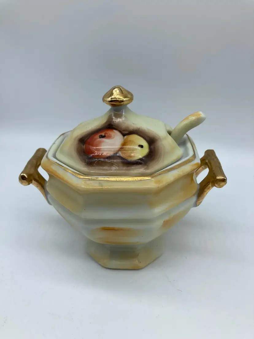 Vintage Enesco Sugar Condiment Bowl w/ Lid Spoon Fruit Gold Trim #E2364