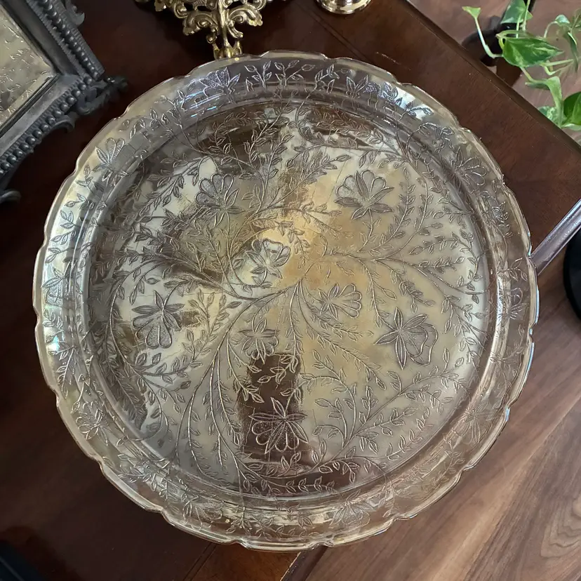 🐇Vintage Jeanette Glass Floragold Louisa Iridescent Marigold Carnival Glass Platter Tray