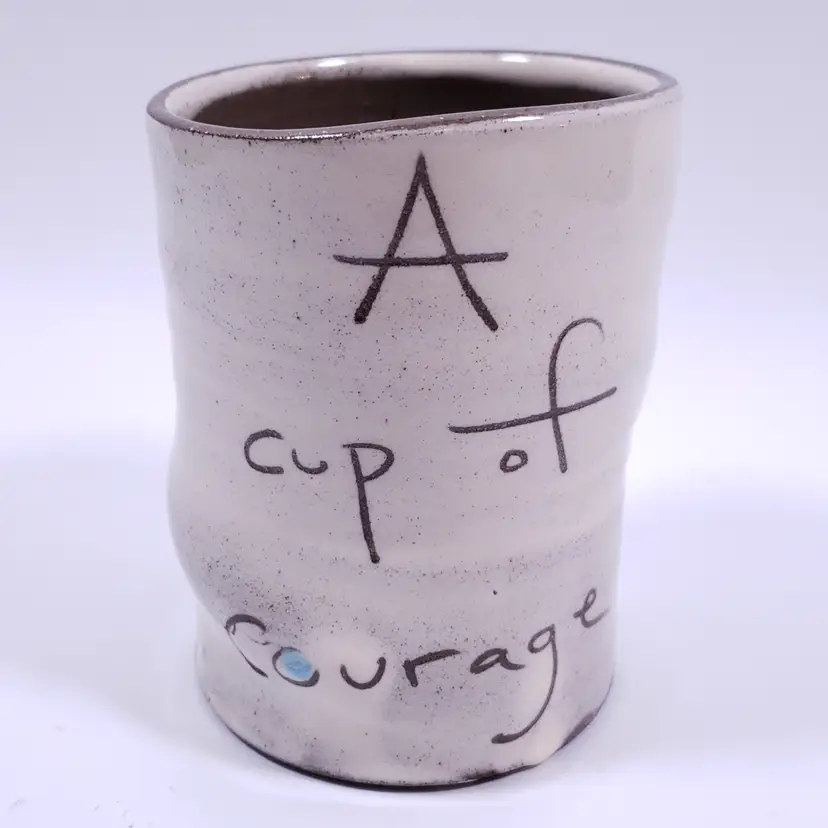 ZPots Studio Pottery Vermont A CUP OF COURAGE DRINK IT Dimpled Stoneware MUG CUP