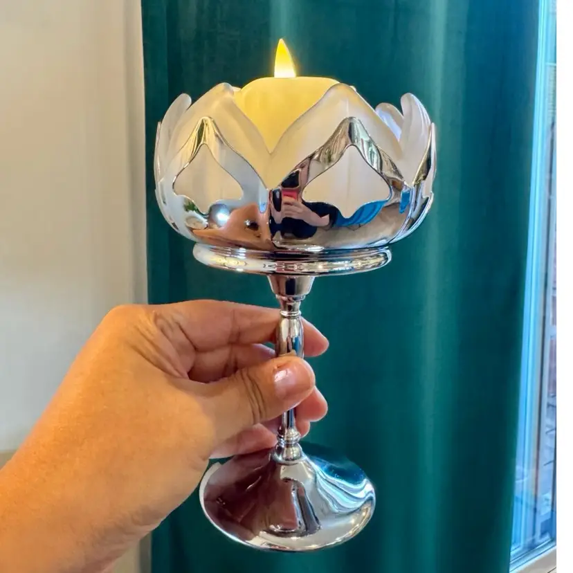 😻 Farber Bros Chrome & Frosted Glass Tulip Pedestal Candleholder 7”