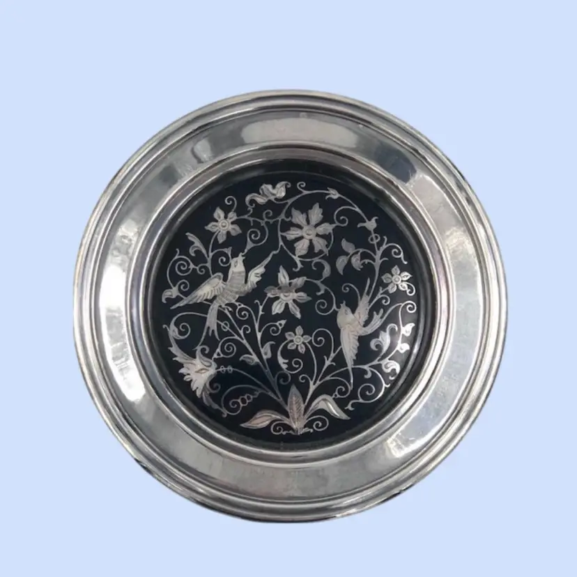 #503- Vintage Wine Coaster By Oneida USA  Inlay Birds Silver Tone Art Nouveau Black Bakelite Inlay Birds and Flowers Bottle Holder
