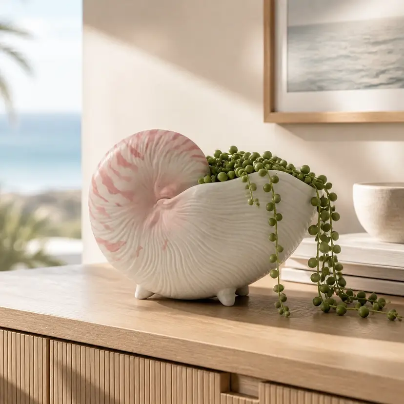 Fitz & Floyd Footed Nautilus Shell Planter, Soft Pink w/ Finely Ribbed Body