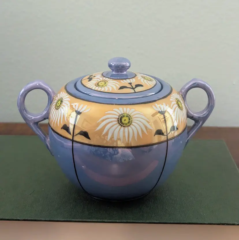 Japanese Lusterware Covered Sugar Bowl Hand Painted White Daisies Blue  Item Specifics