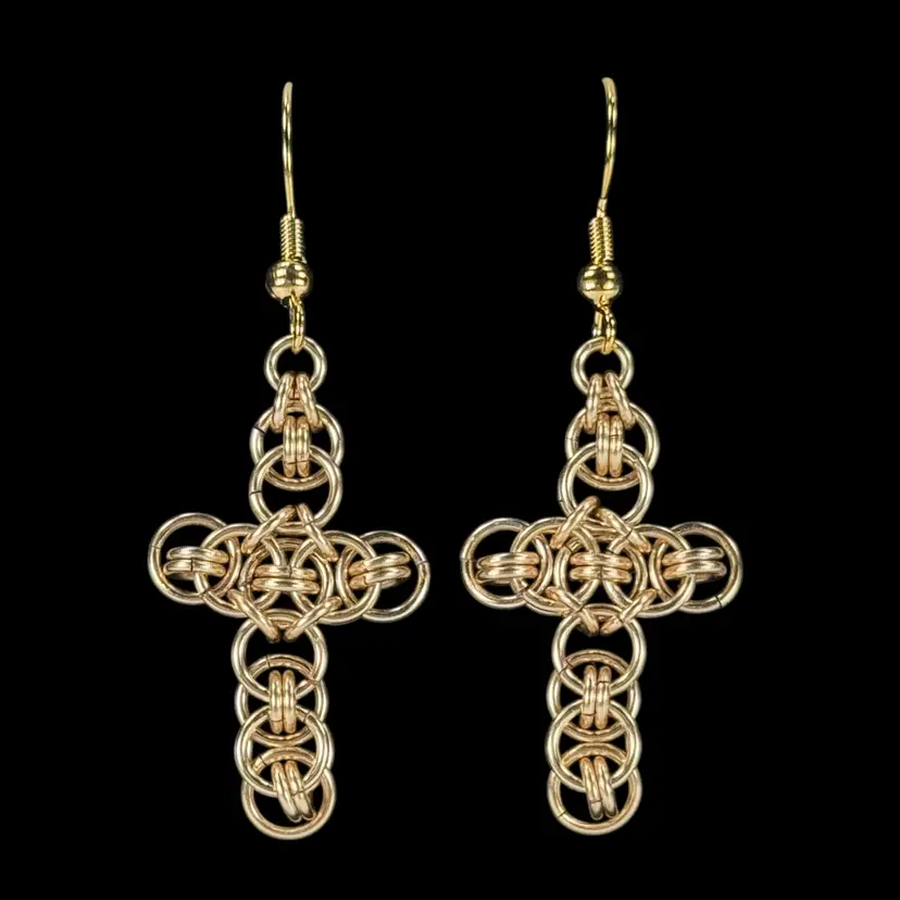 Mark ~ Avante Jewelry Chainmaille CELTIC Cross Pierced Earrings Gold Plated