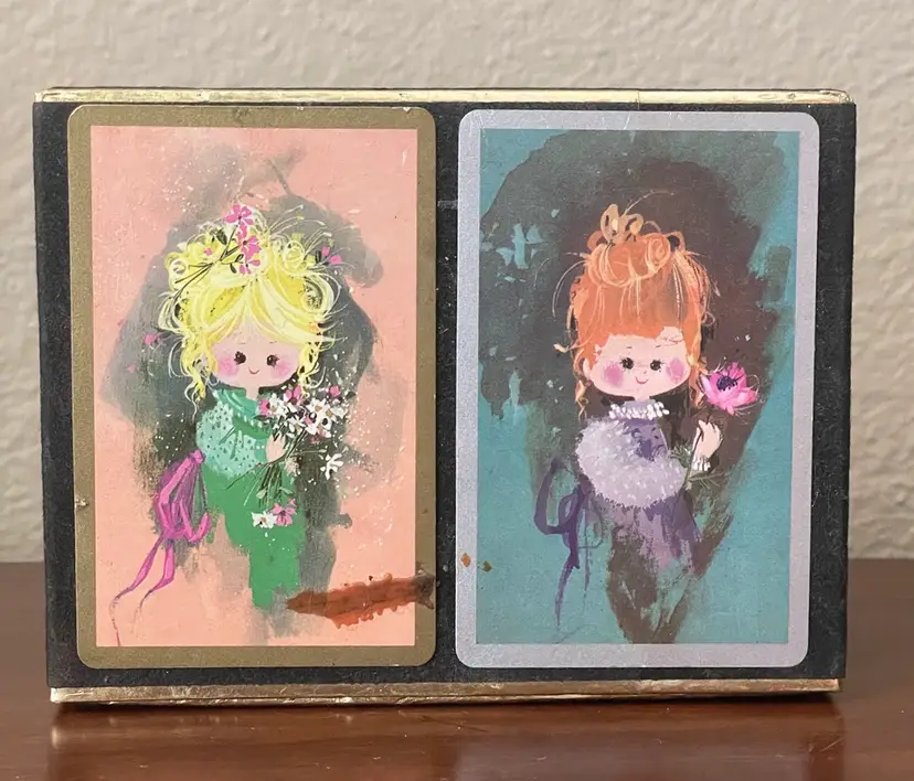 Congress Cel-U-Tone Finish Playing Card 2 52 Card Decks Girls Flowers VINTAGE
