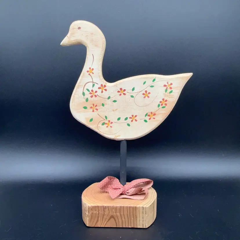 Vtg 1980s Hand Painted Wooden Duck Goose on Stick Stand Cottagecore Farmhouse Decor 11.5”