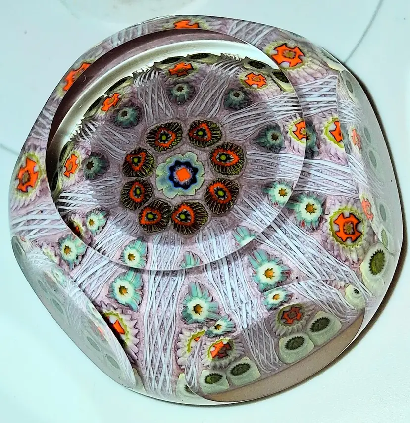 Vintage Strathearn Scotland, Faceted Glass 10-Spoke, Millefiori, Latticinio, P8 Paperweight