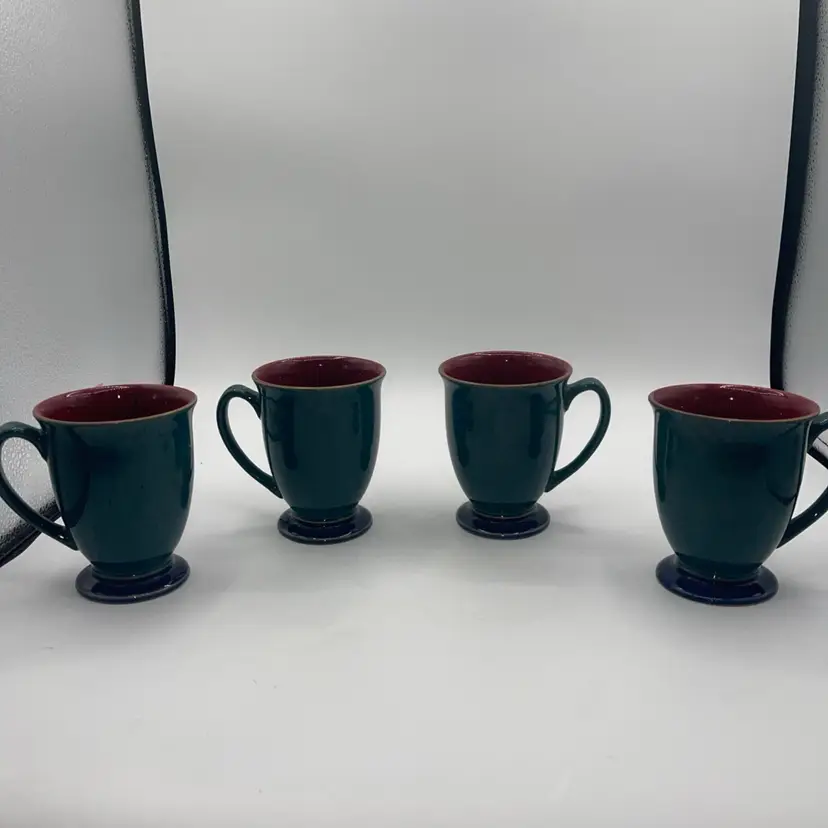 Denby Harlequin Footed Mugs Set of 4 Green Red Blue Stoneware England 4.5”