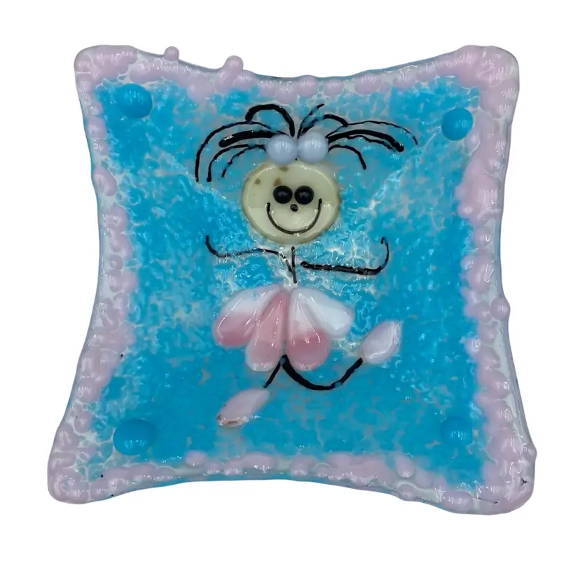 OOAK Handmade Fused Glass Trinket Dish/Catchall, Happy Girl, Pink/Blue, Textured