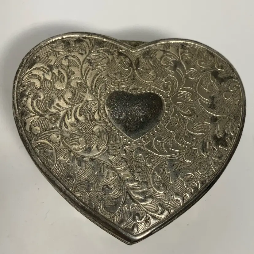 Vintage Silver Plated Heart Shaped Trinket Box With Red Velvet Lining! 3” x 1 1/2”!