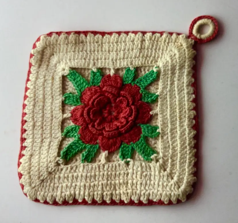 Vintage Crochet Rose Potholder