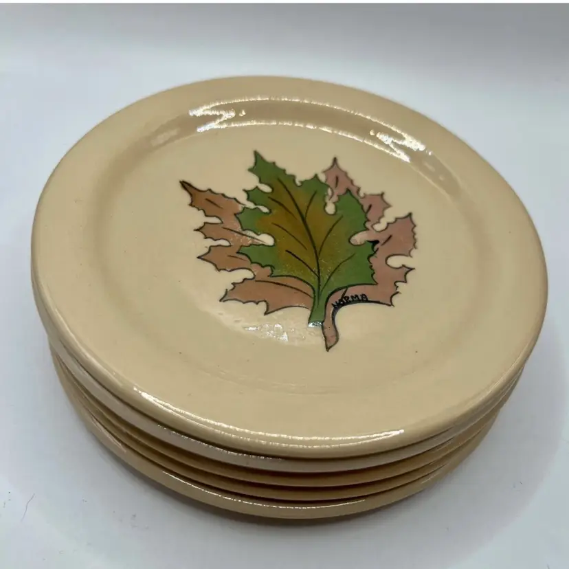 HAND PAINTED Small LEAF Dishes Plates Signed Norma Fall Autumn Beige Red Gold