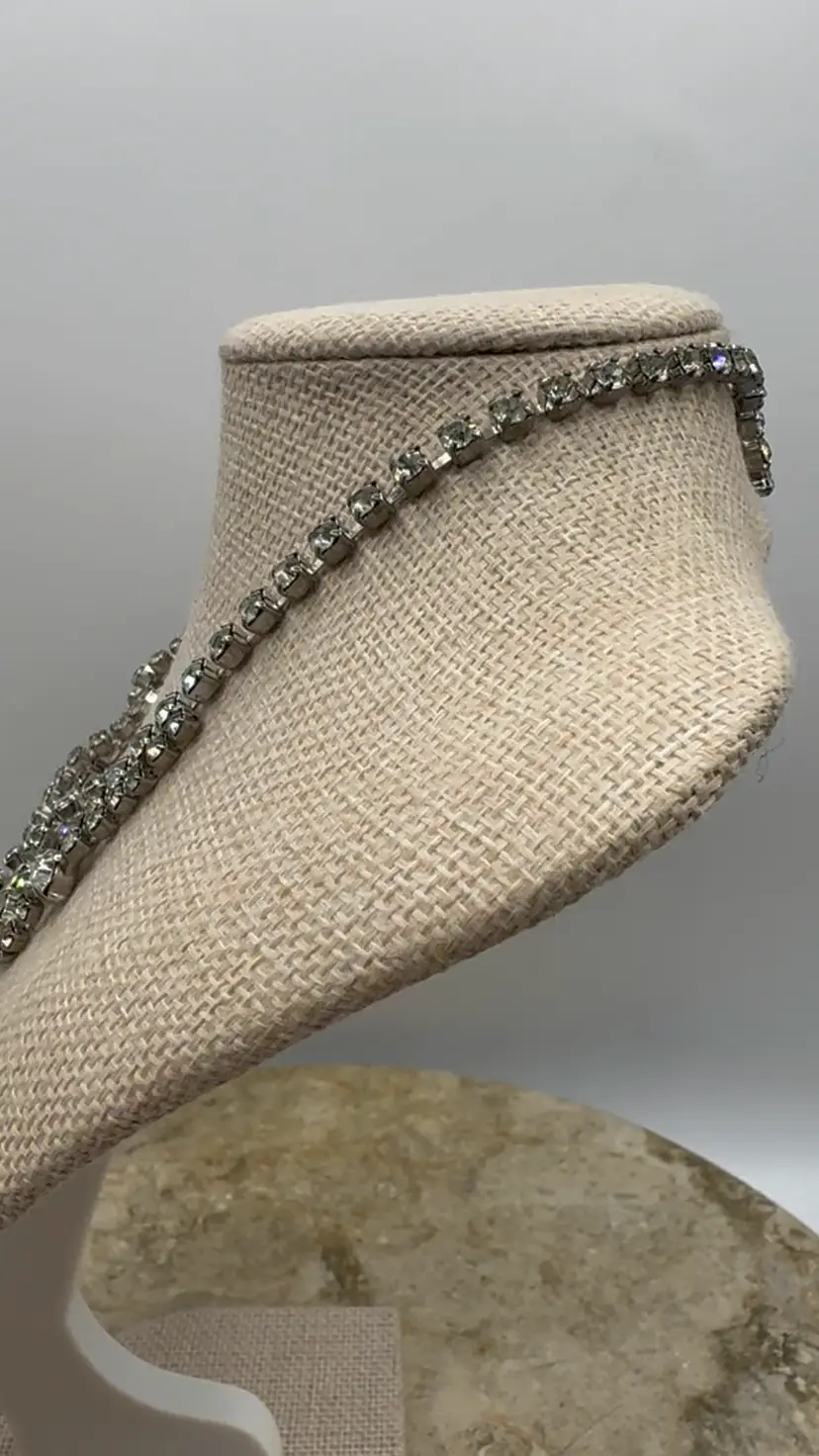 Vintage 1950s Clear Rhinestone Statement Collar Necklace - Mid-Century Rhodium Plated Silver Tone Crystal Bib Choker, Adjustable Hook Clasp 14”