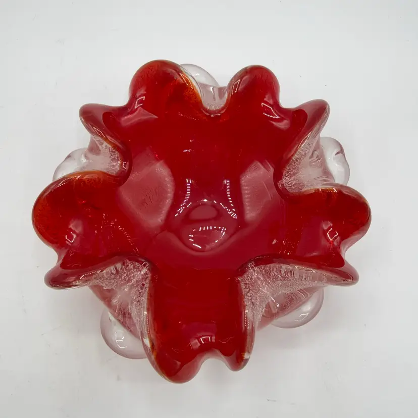 Murano Art Glass Red Ashtray Or Bowl Gold Fleck