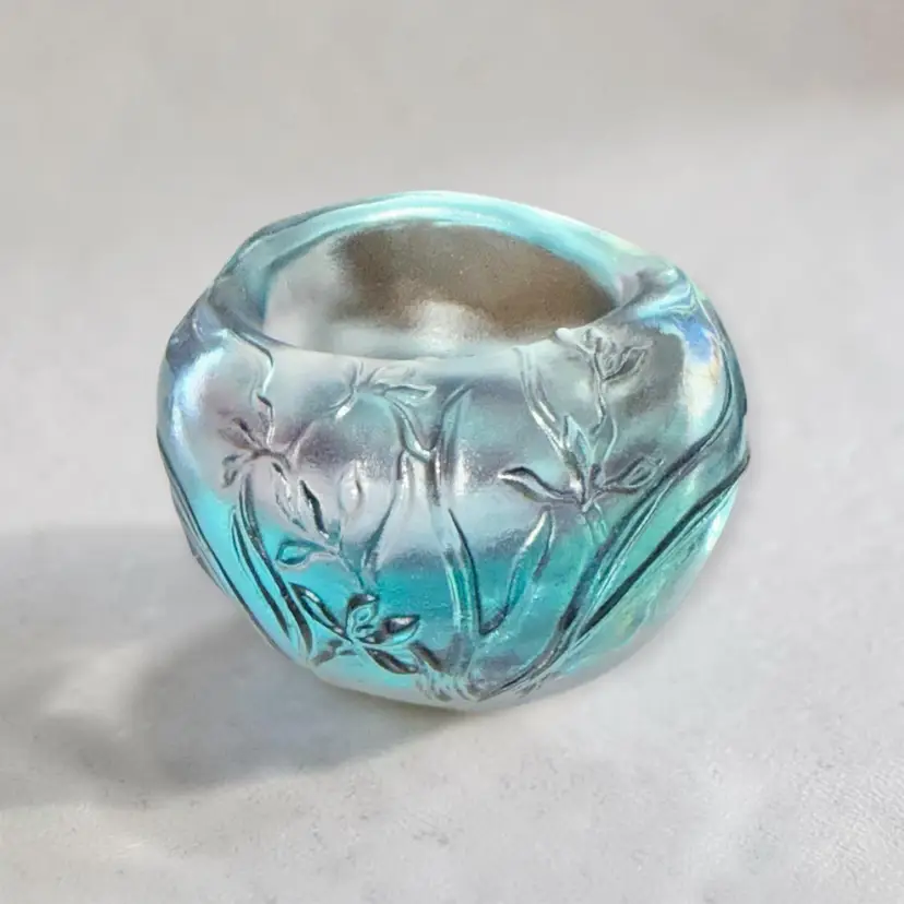 LIULIGONGFANG Pate De Verre Rare Aqua Violet Chinese Crystal Floral Bowl Signed