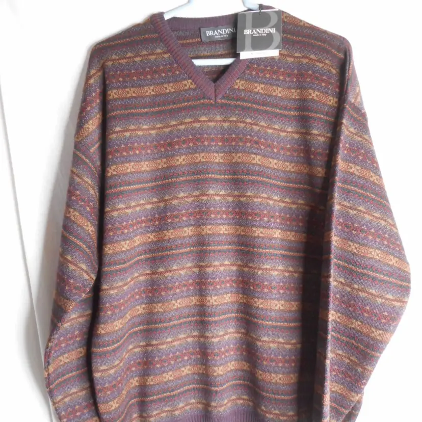 NWT VTG Brandini Sweater Mens M 100% Merino Wool Geometric V-neck Sweater Italy