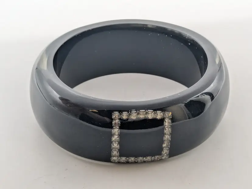 Chunky Black Resin Bangle with Square Rhinestone Design NWOT