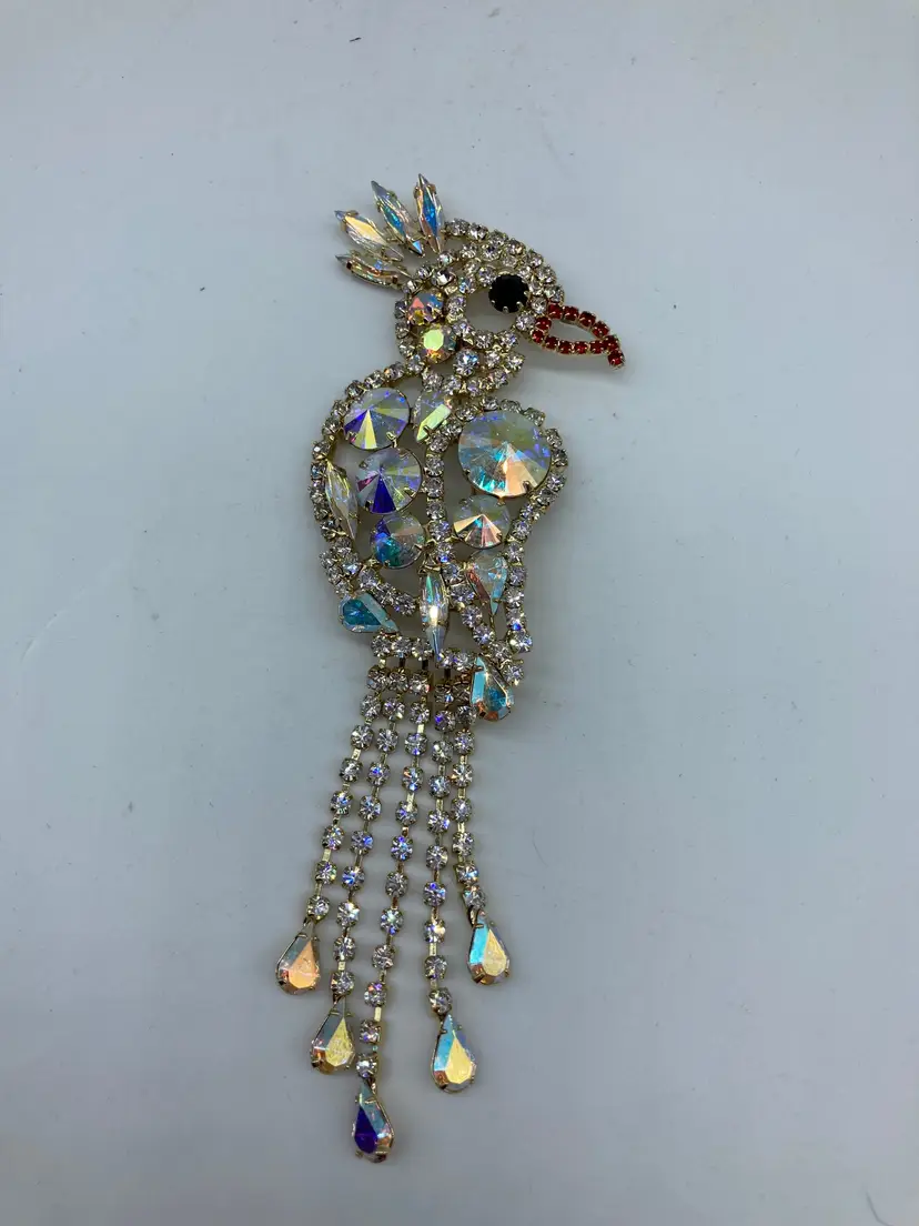 LARGE Rhinestone Aurora AB Rivoli Parrot Bird Brooch Dangle Fringe