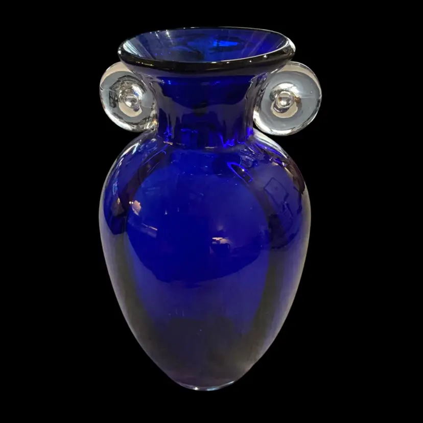 HB Cobalt Blue Art Glass Vase w/Applied Clear Glass Scroll Handles 8”x 4.5”