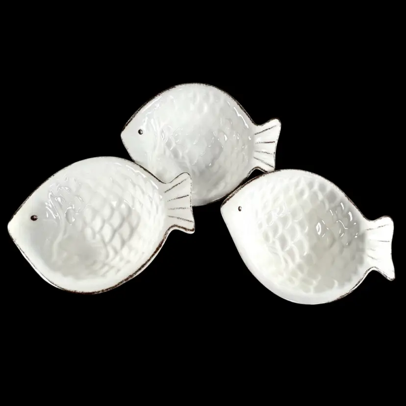 Sigrid Olsen Home Fish-Shaped White Melamine Snack / Dip Bowls (Set of 3)- Coastal Nautical