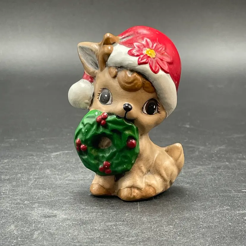 Reindeer Fawn Santa Hat Wreath VTG Ceramic Kitsch Kitschy Christmas Figurine