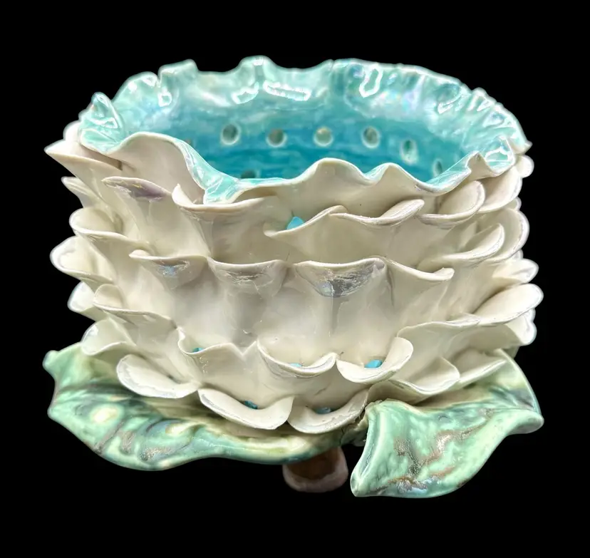 Handmade Studio Art Pottery Berry Bowl Colander Planter Vessel Flower Blue White