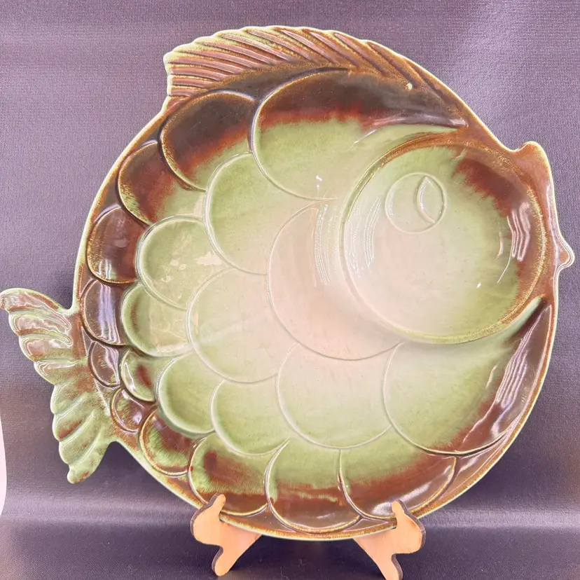 MCM Vintage ROYAL HAEGER Fish Platter Green Brown Serving Chips Dip Tray 856H