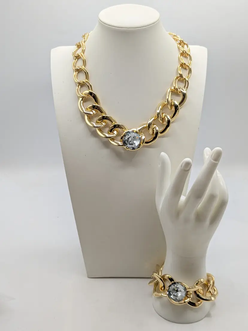 And Lovely Chunky Gold Tone Necklace and Bracelet with Large Crystal Accent NWT
