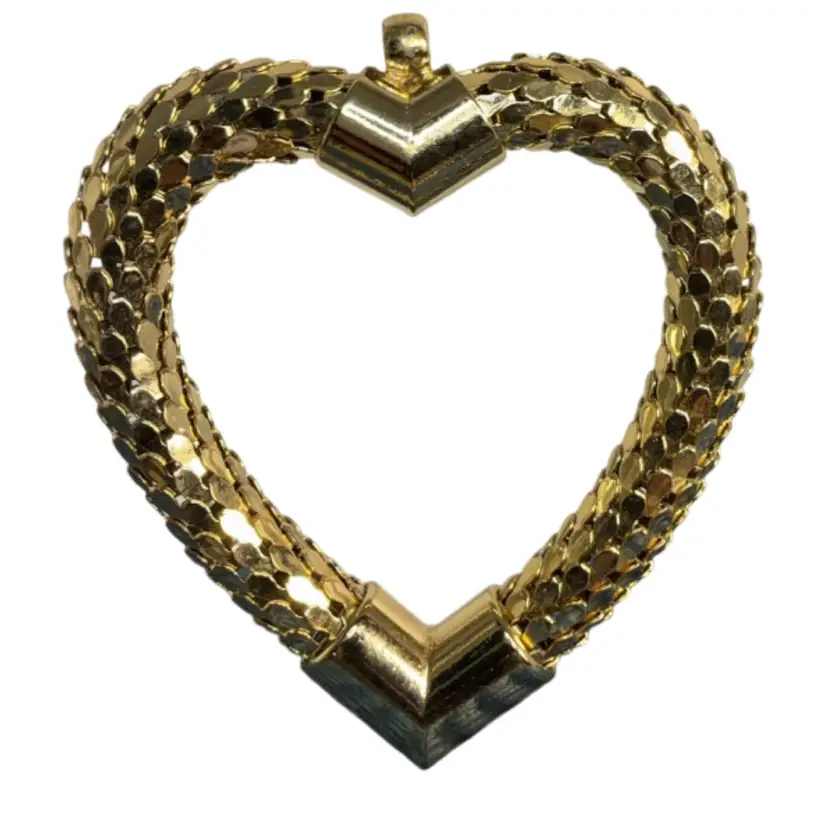 Whiting & Davis Golden Mesh Heart Pendant 2 1/2” By 2 1/4”