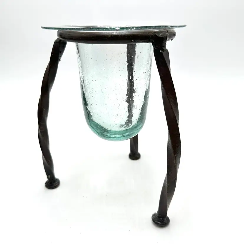 Glass Vase Candle Holder Wrought Iron Twisted Tripod Stand 6.5”D 7” H