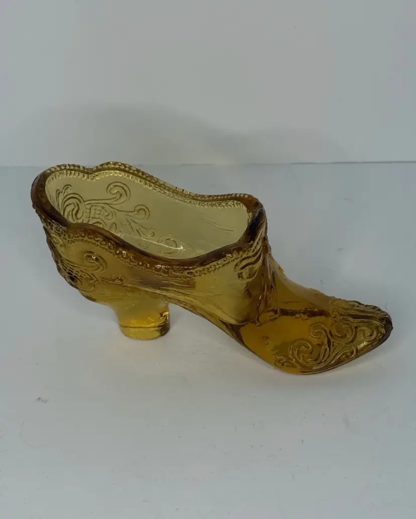 Fenton Amber Glass Slipper Shoe Fancy Scroll and Floral Design Vintage