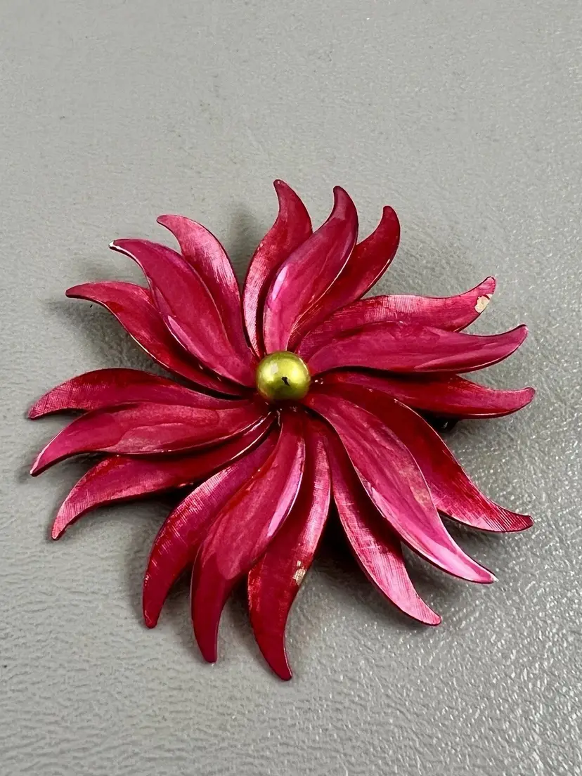 Vintage Pink Enamel Flower Brooch Gold Tone Layered Petals Pin Brooch 2.5in